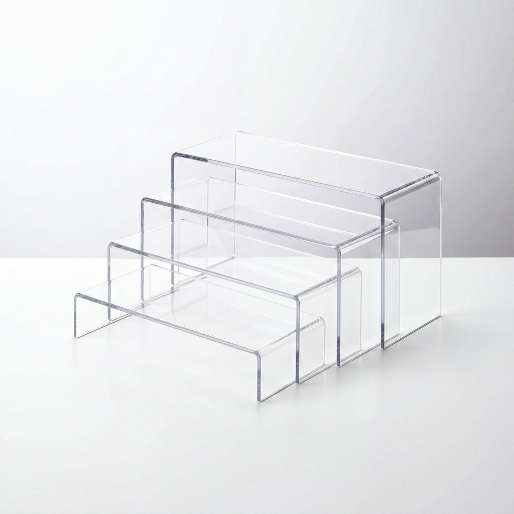 Kit de expositores de acrílico transparente em alturas diferentes para organização e exposição de produtos