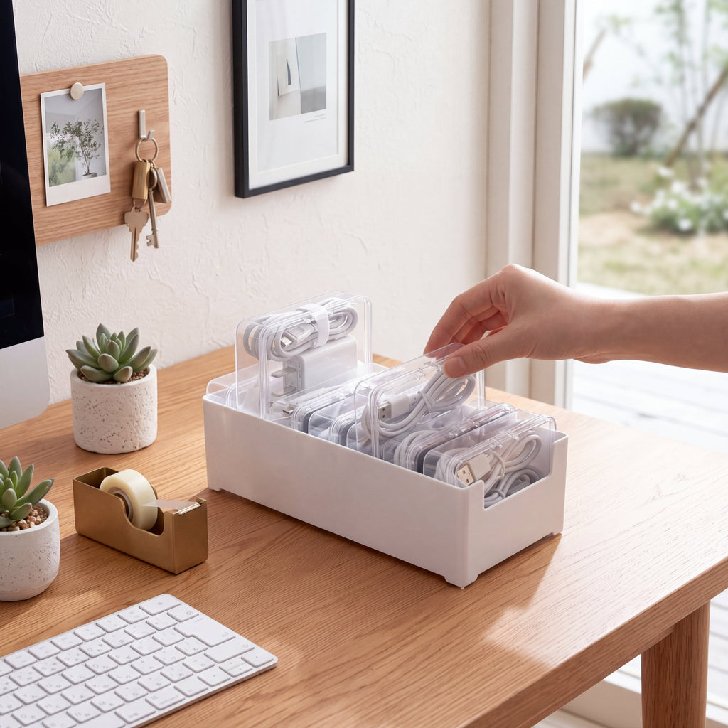 Kit Organizador Modular Transparente em configuração empilhada na prateleira