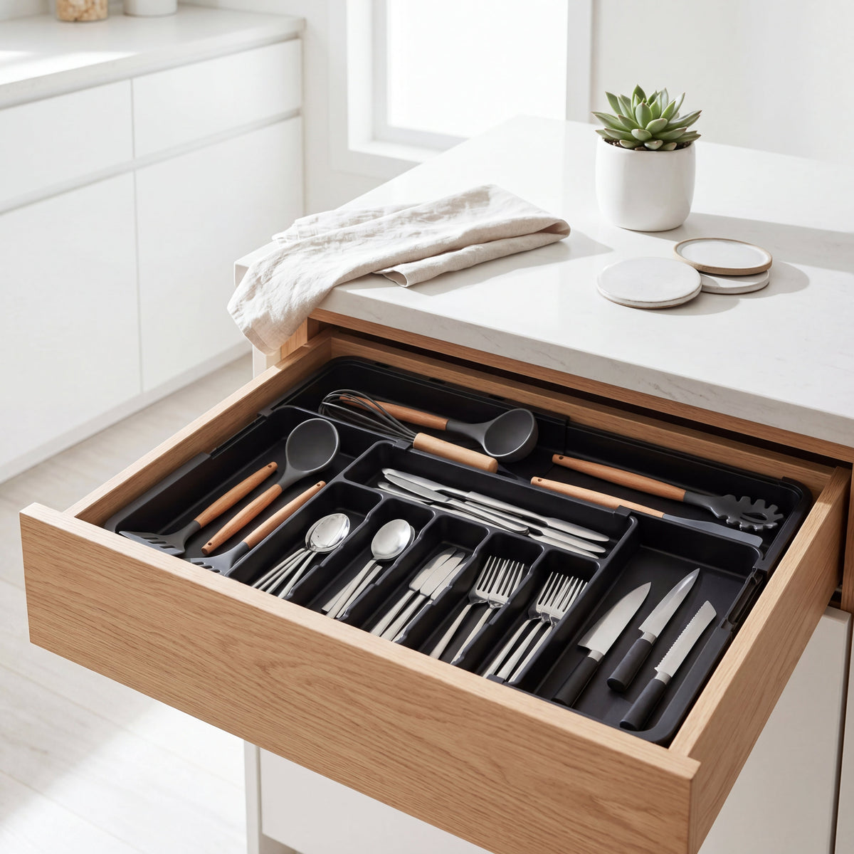 Organizador de Talheres Preto Fosco encaixado na gaveta da cozinha com utensílios organizados