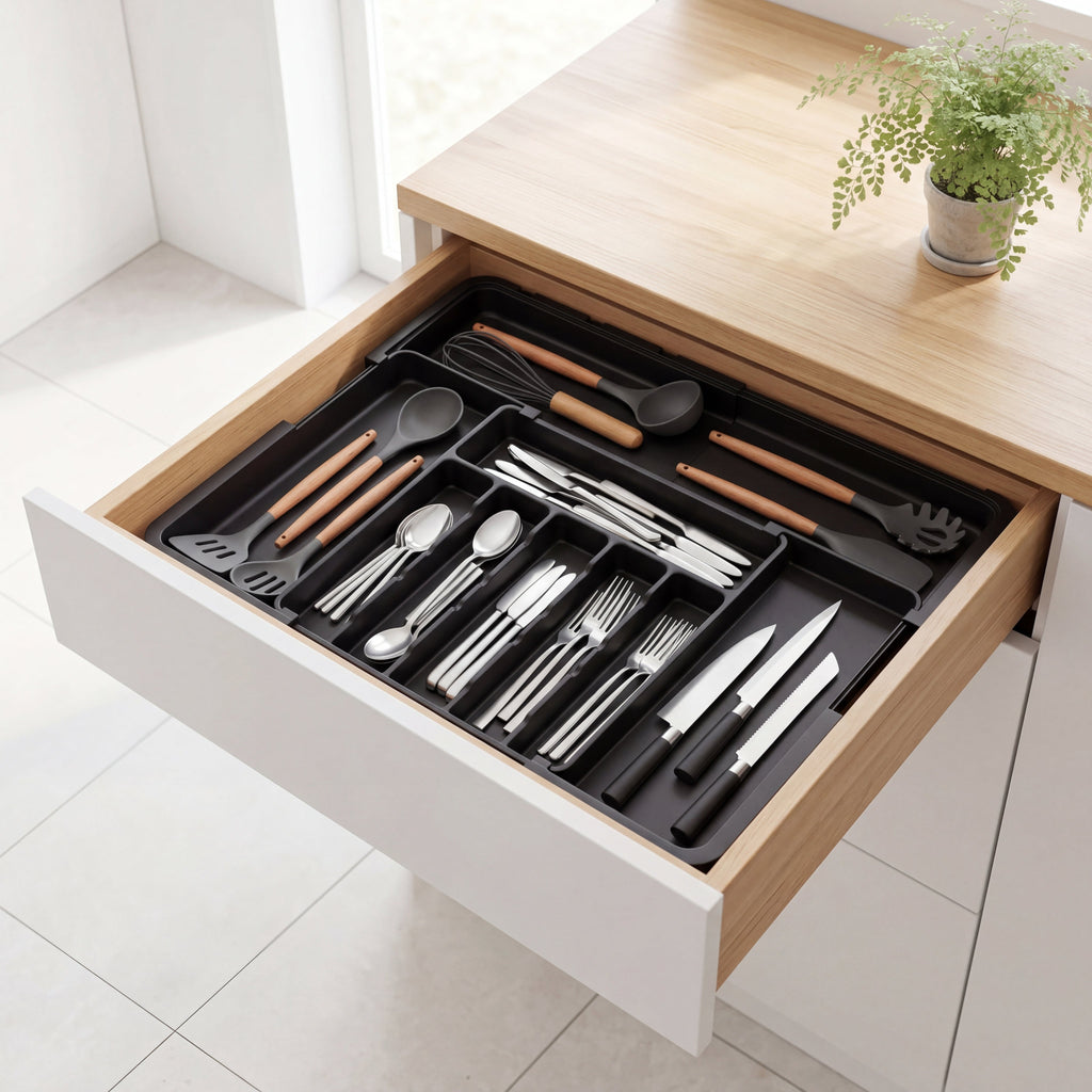 Organizador de talheres preto fosco em vista de perfil destacando o design fino e elegante