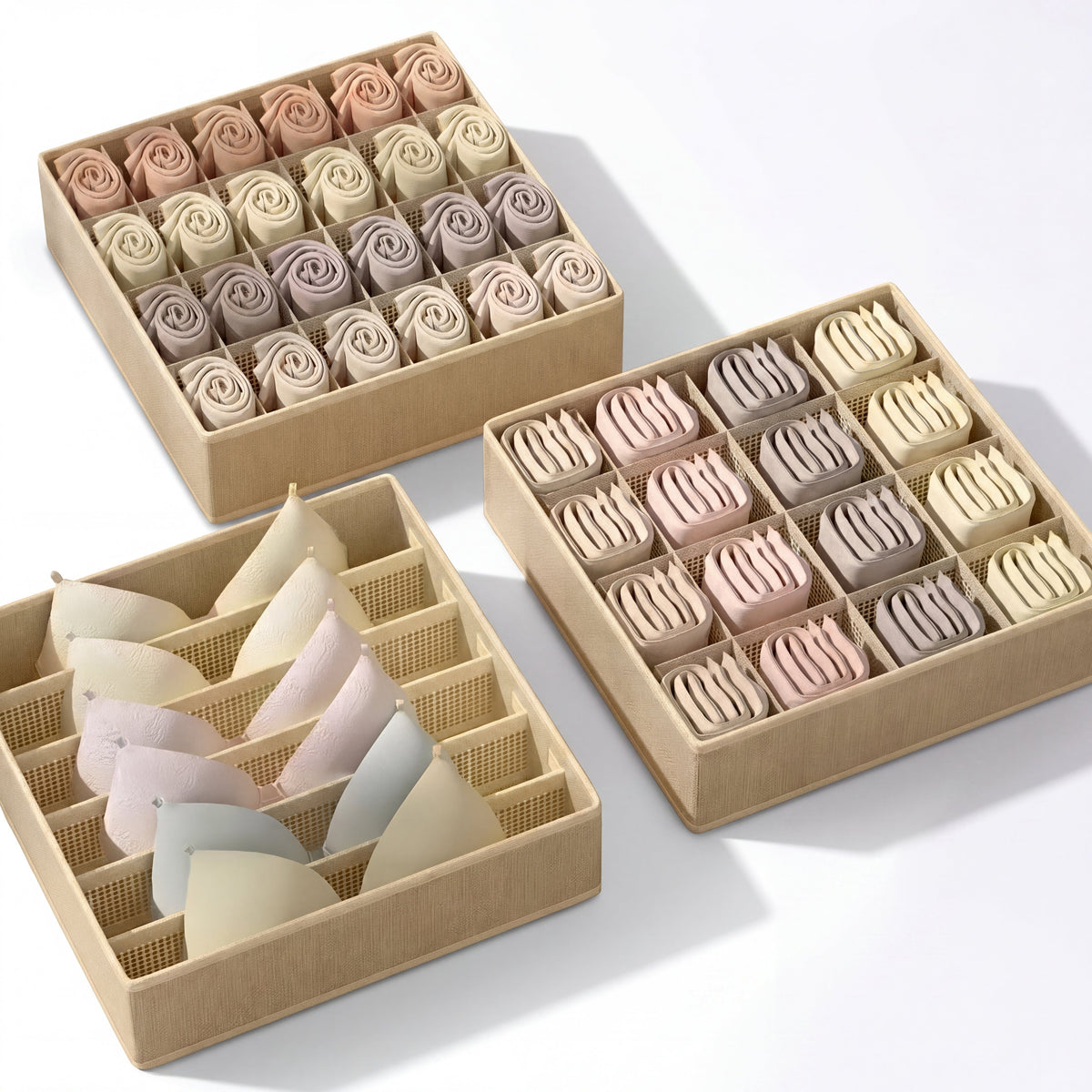 Caixas Organizadoras de Gaveta em Tecido Creme – kit completo mostrando todos os tamanhos inclusos