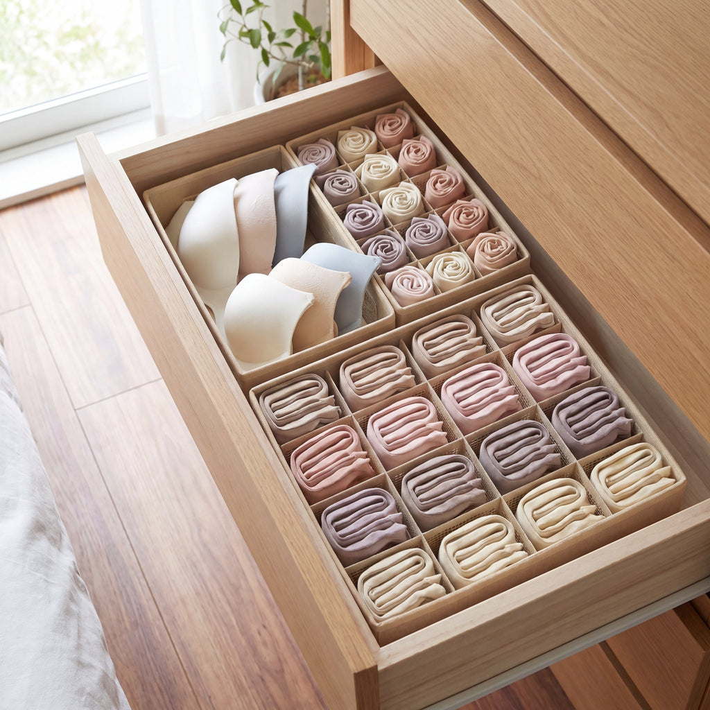 Caixas organizadoras de tecido creme dividindo a gaveta em compartimentos arrumados