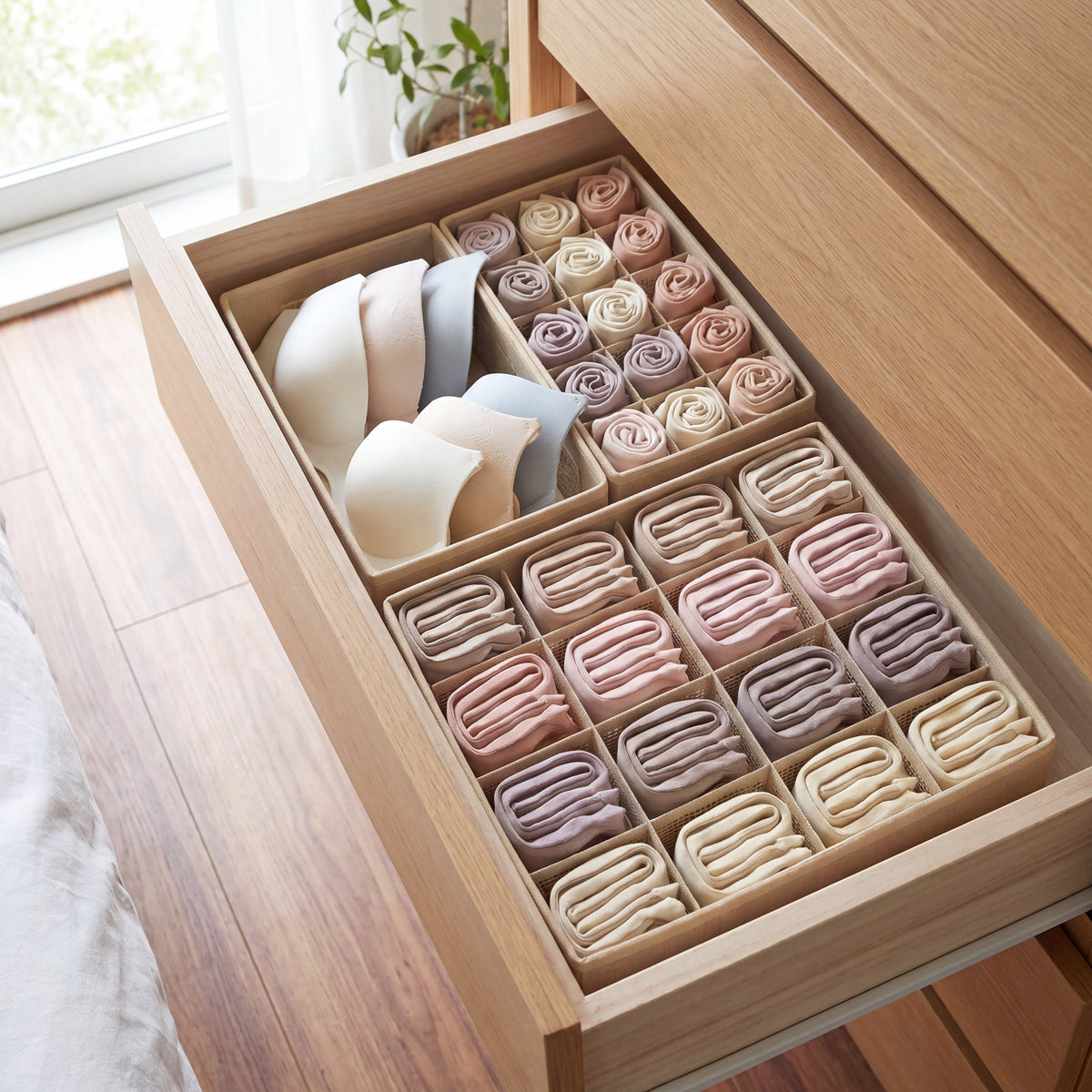 Caixas organizadoras de tecido creme dividindo a gaveta em compartimentos arrumados
