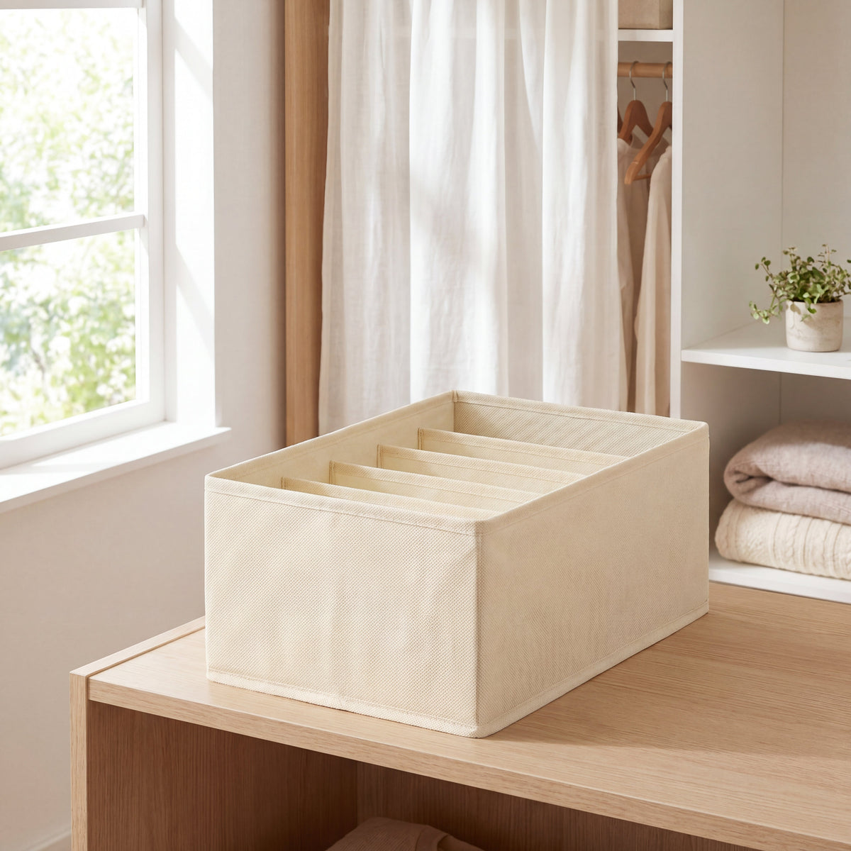 Caixas Organizadoras de Tecido Creme em foto de ambiente em quarto moderno