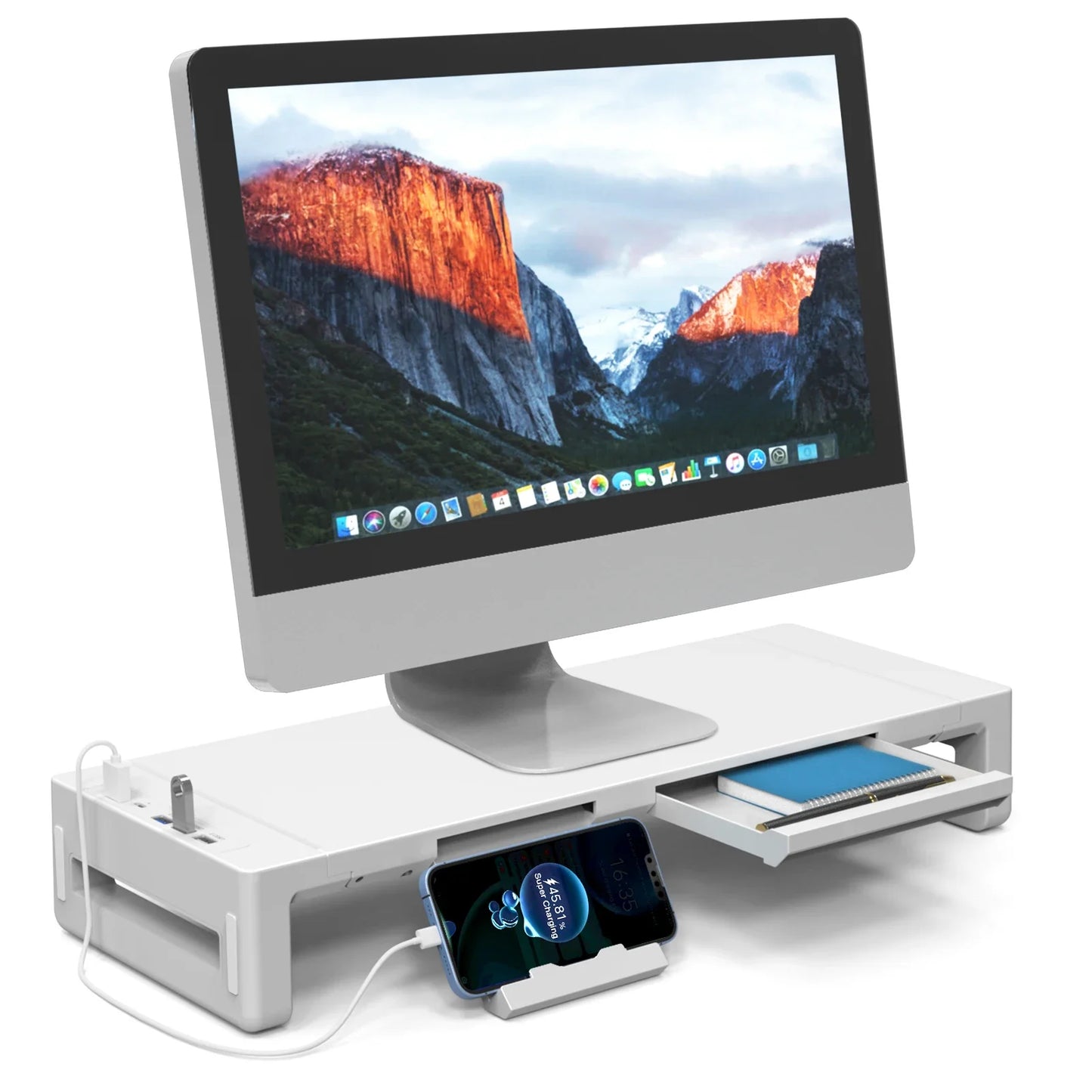Suporte para Monitor com Hub USB e Gaveta – vista completa do produto na mesa
