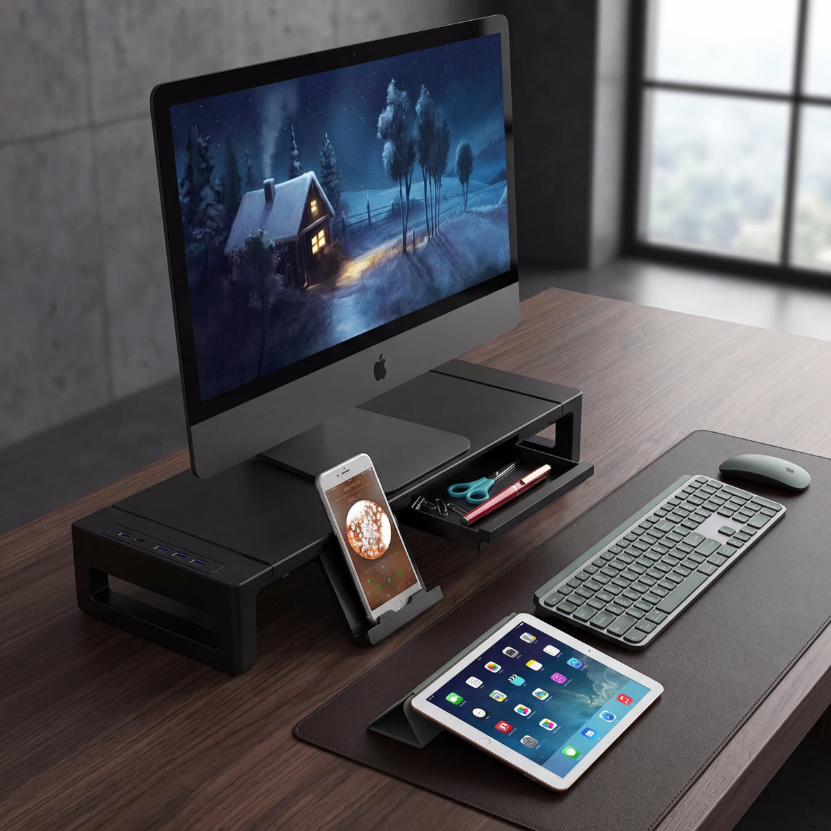Suporte para Monitor com Hub USB e Gaveta elevando o monitor para postura ergonômica