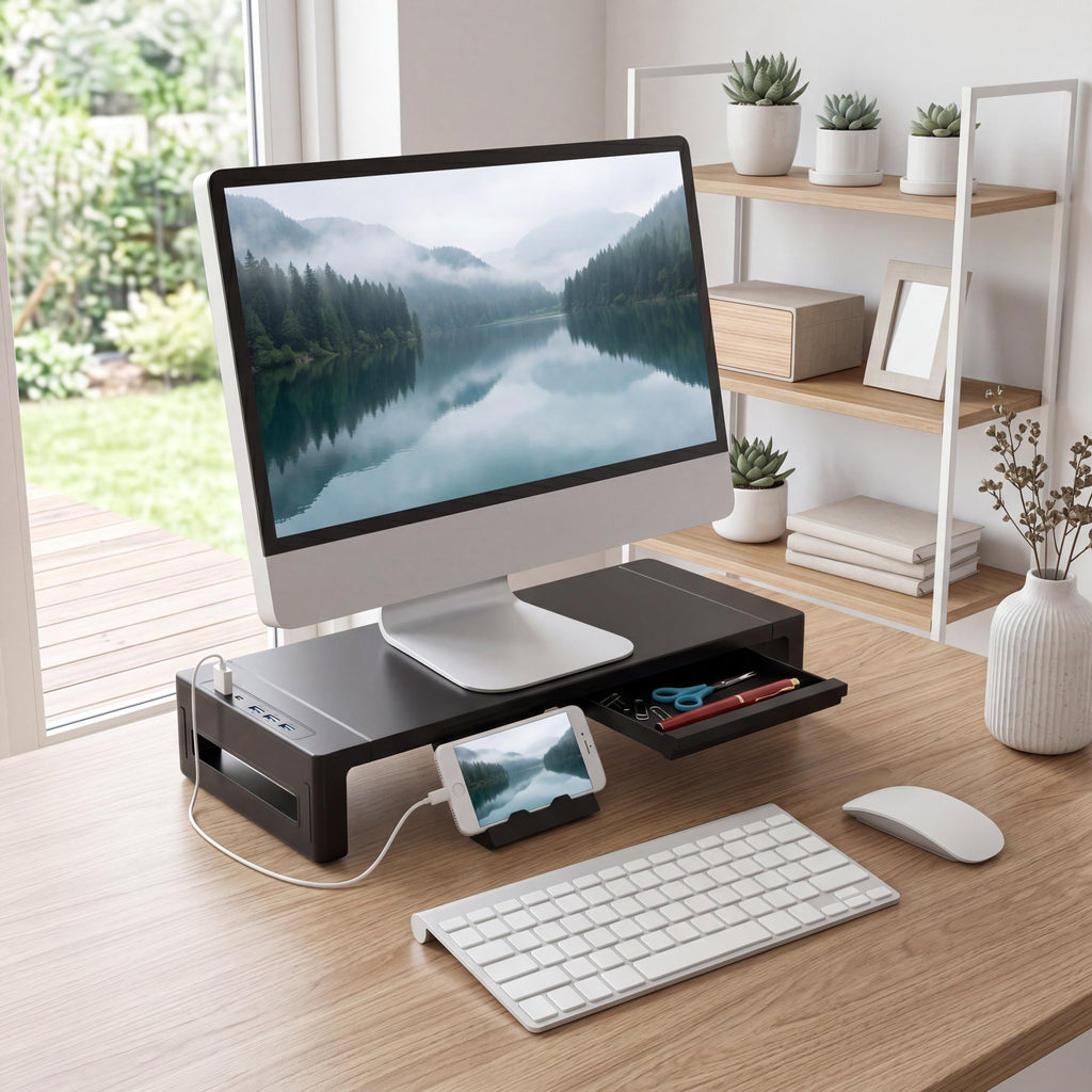 Gaveta do Suporte para Monitor aberta mostrando o espaço para acessórios