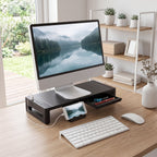 Gaveta do Suporte para Monitor aberta mostrando o espaço para acessórios
