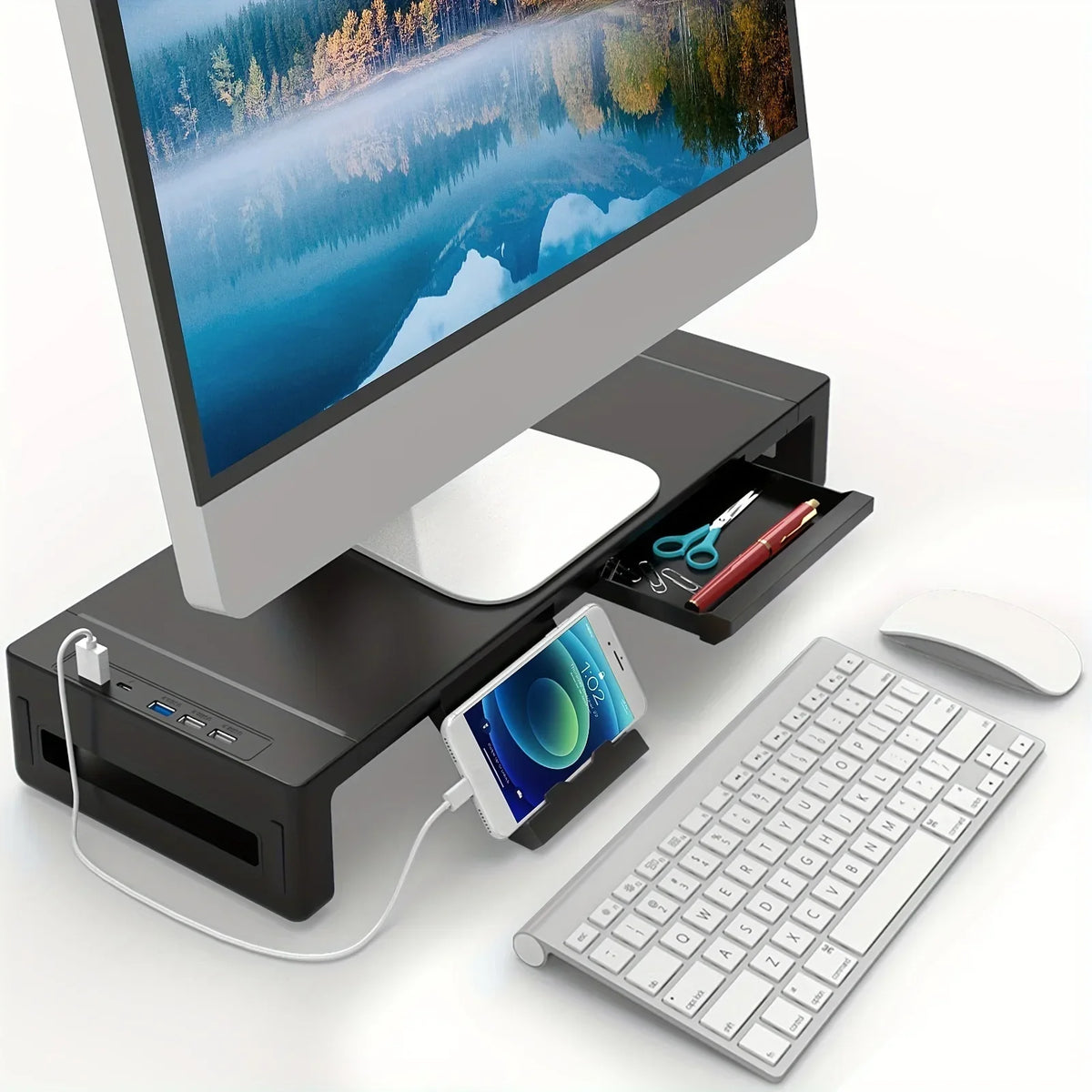 Detalhe do hub USB e das portas de carregamento do Suporte para Monitor