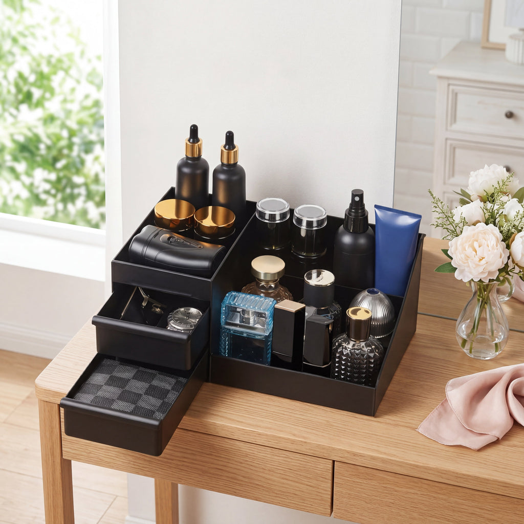 Detalhe do acabamento e da construção do Organizador de Perfumes com Gavetas