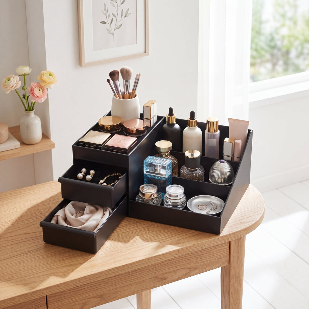 Organizador de Perfumes com Gavetas com frascos de perfume e cosméticos na penteadeira