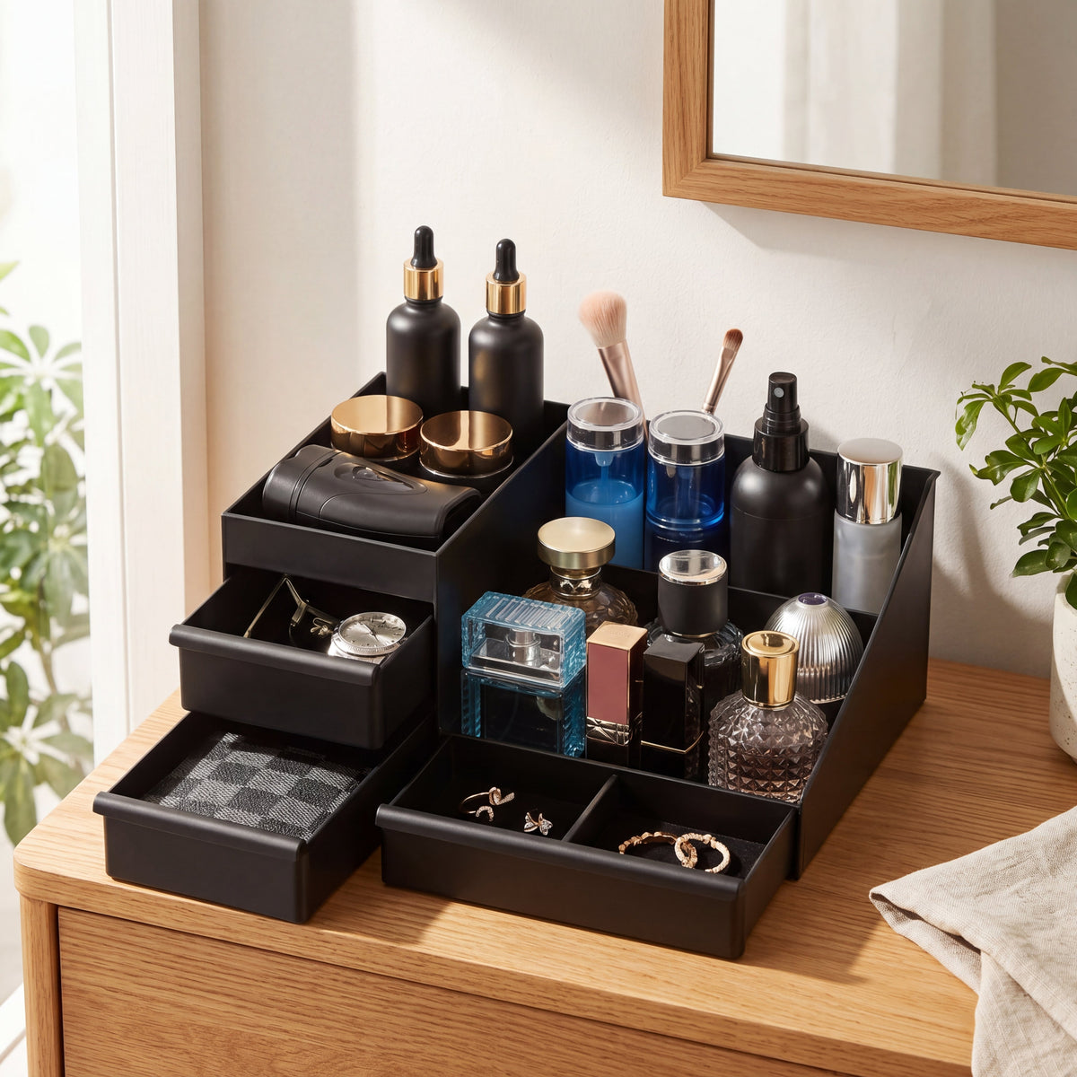 Organizador de Perfumes com Gavetas organizando maquiagem, batons e skincare