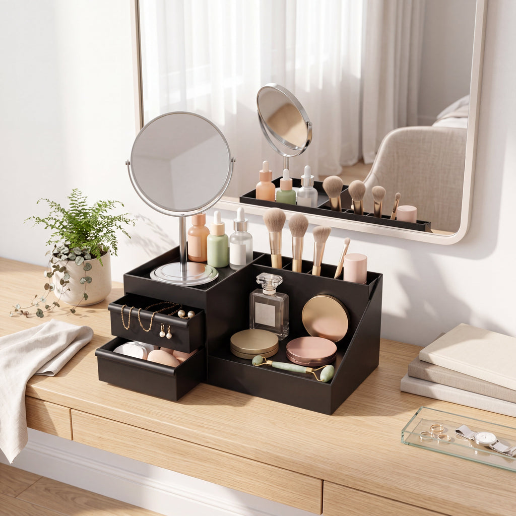 Organizador de Perfumes com Gavetas em quarto de penteadeira elegante com acessórios de beleza