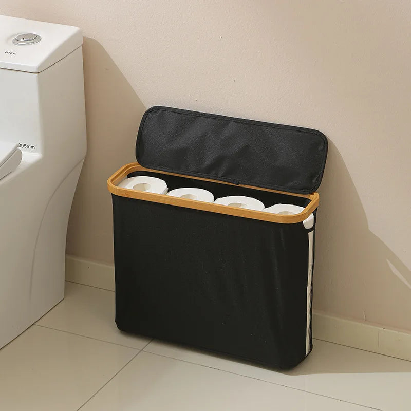 Cesta Porta-Rolos com Janela guardando rolos de papel higiênico no banheiro