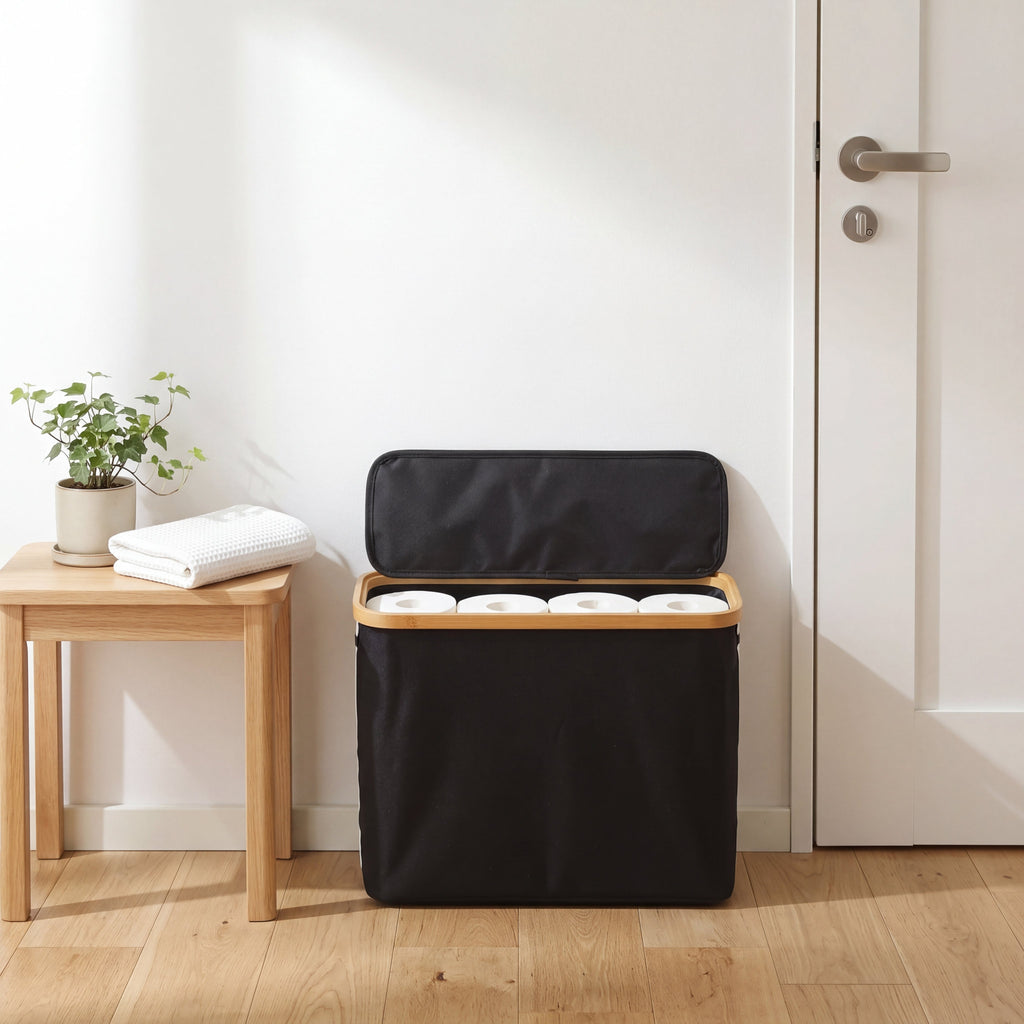 Cesta Porta-Rolos com Janela mostrando a capacidade com vários rolos dentro
