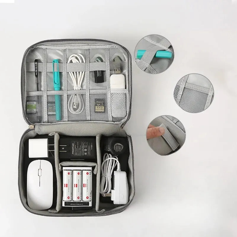Estojo Organizador de Cabos em vista externa mostrando o zíper e o material resistentes