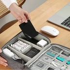 Estojo Organizador de Cabos em vista superior com todos os compartimentos abertos e organizados