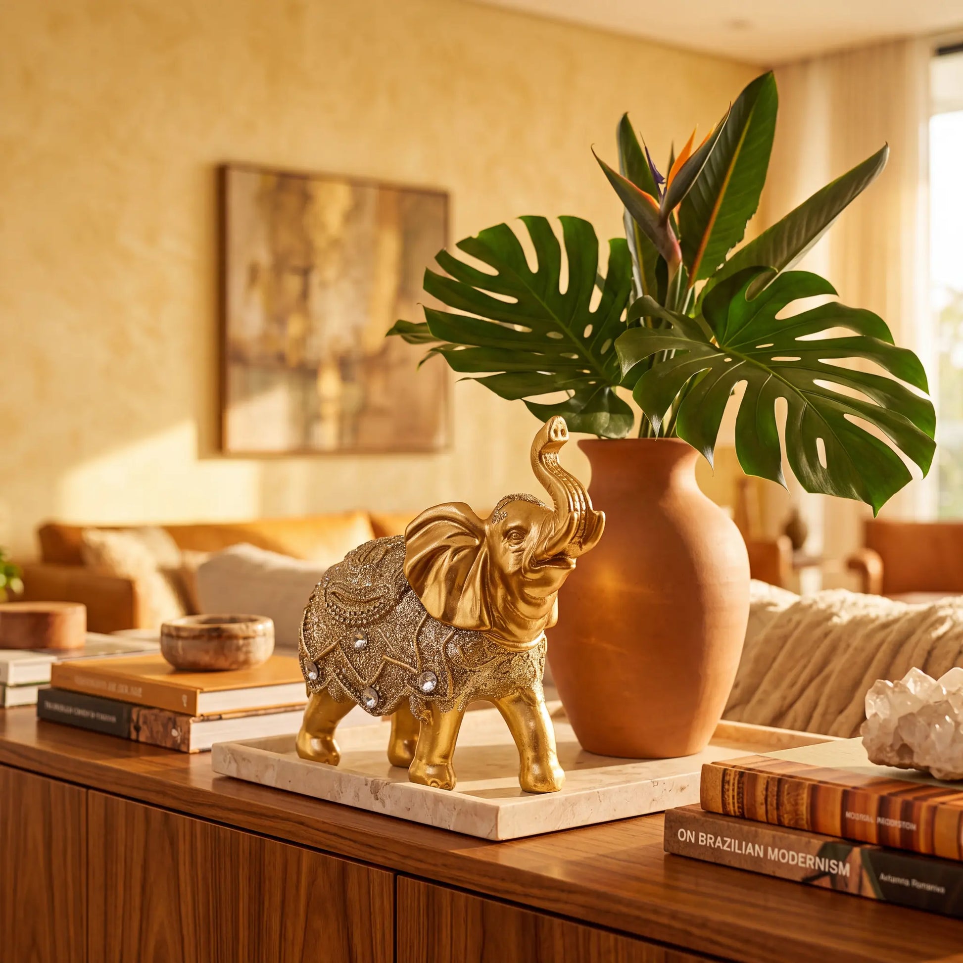 Escultura elefante da sorte dourado com vaso e livros na decoração da sala