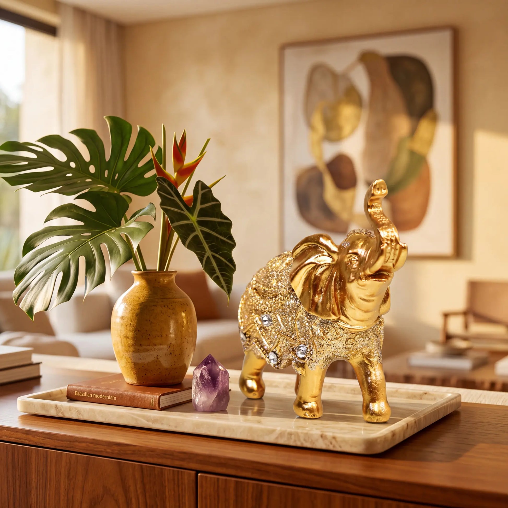 Escultura elefante da sorte dourado em bandeja de mármore com cristal decorativo