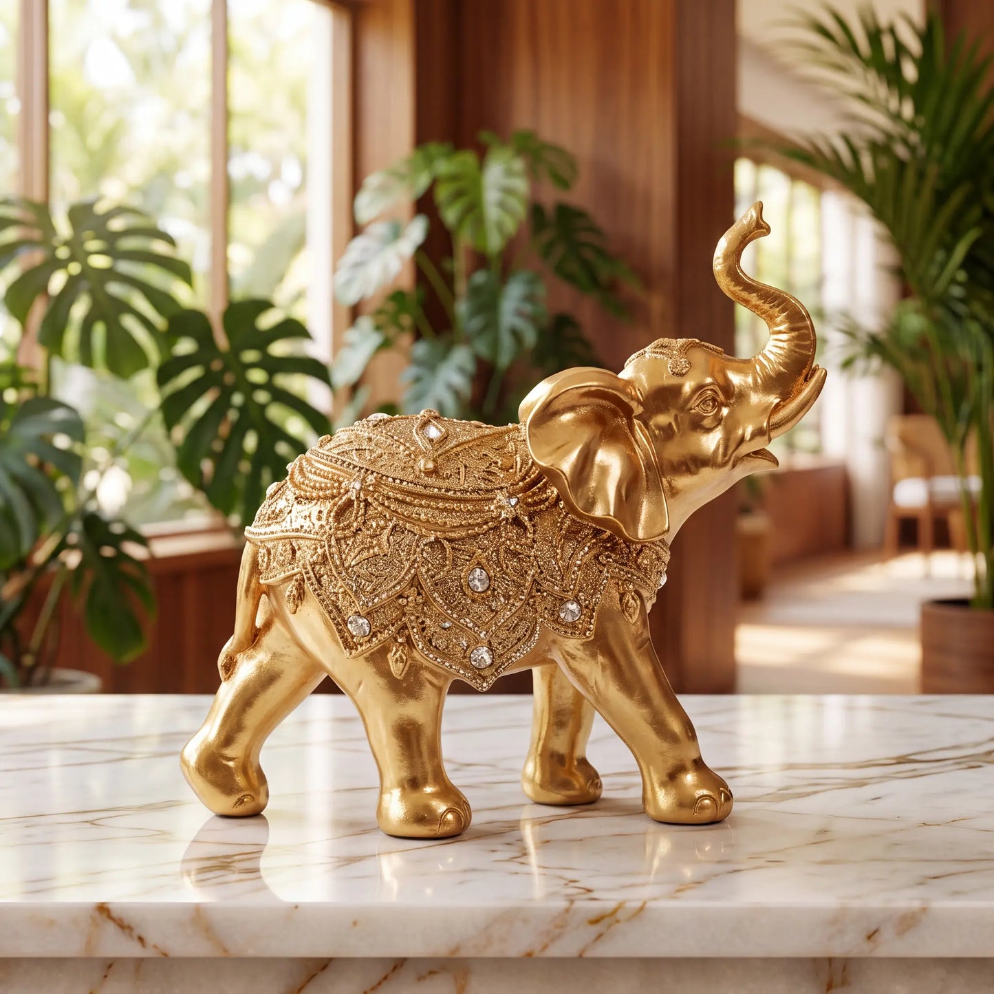 Escultura elefante da sorte dourado em aparador de mármore com planta tropical e luz quente