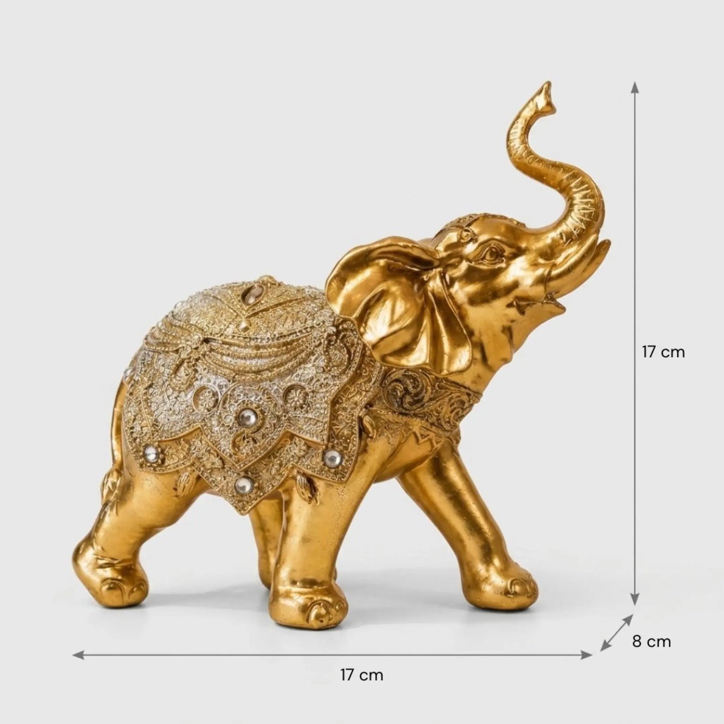 Escultura elefante da sorte dourado em resina com dimensões: 17 cm de altura