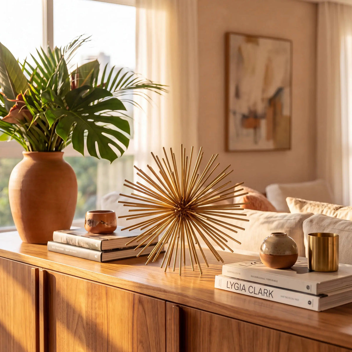 Escultura ouriço dourado em sala com decoração tropical