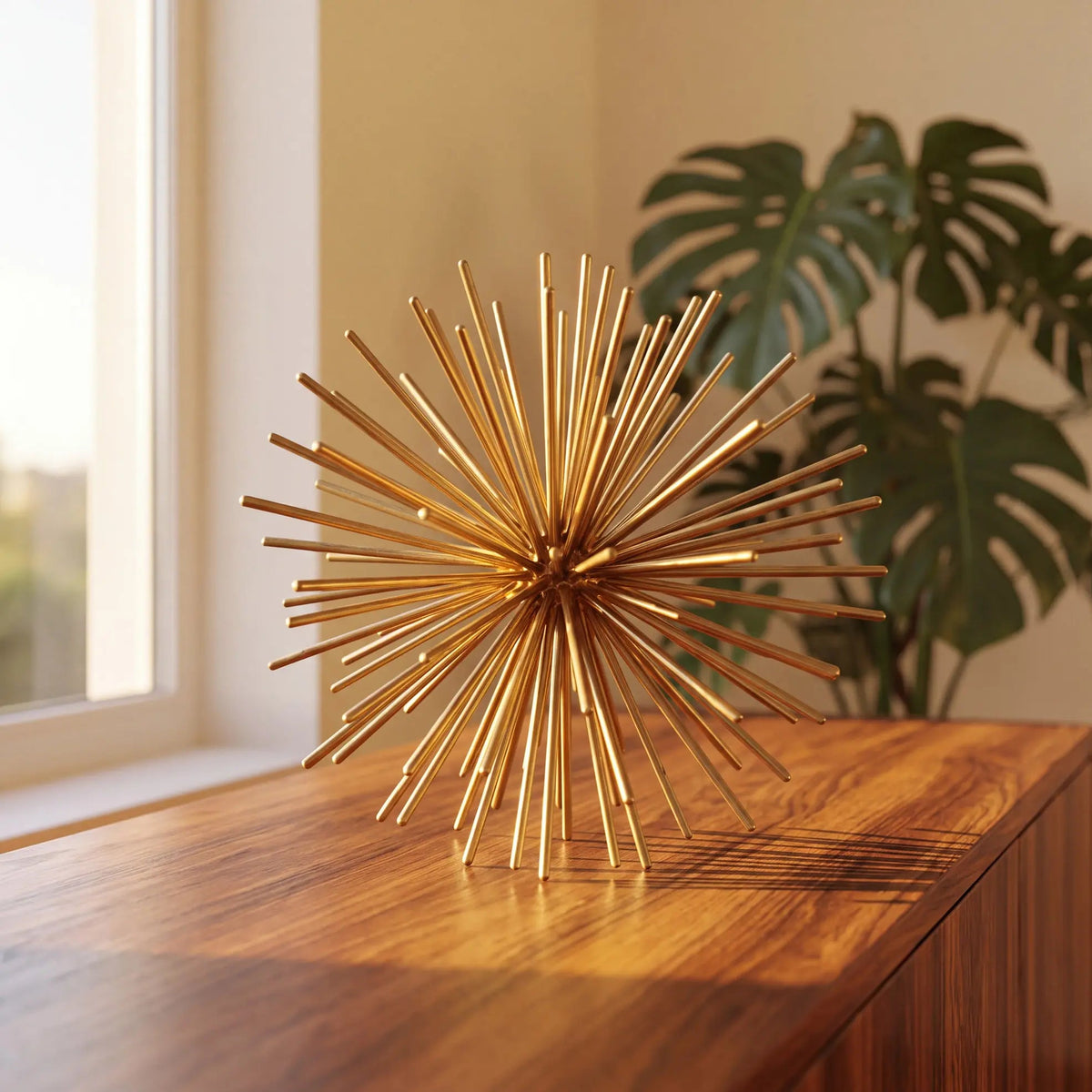 Escultura ouriço dourado em console com planta e luz de janela