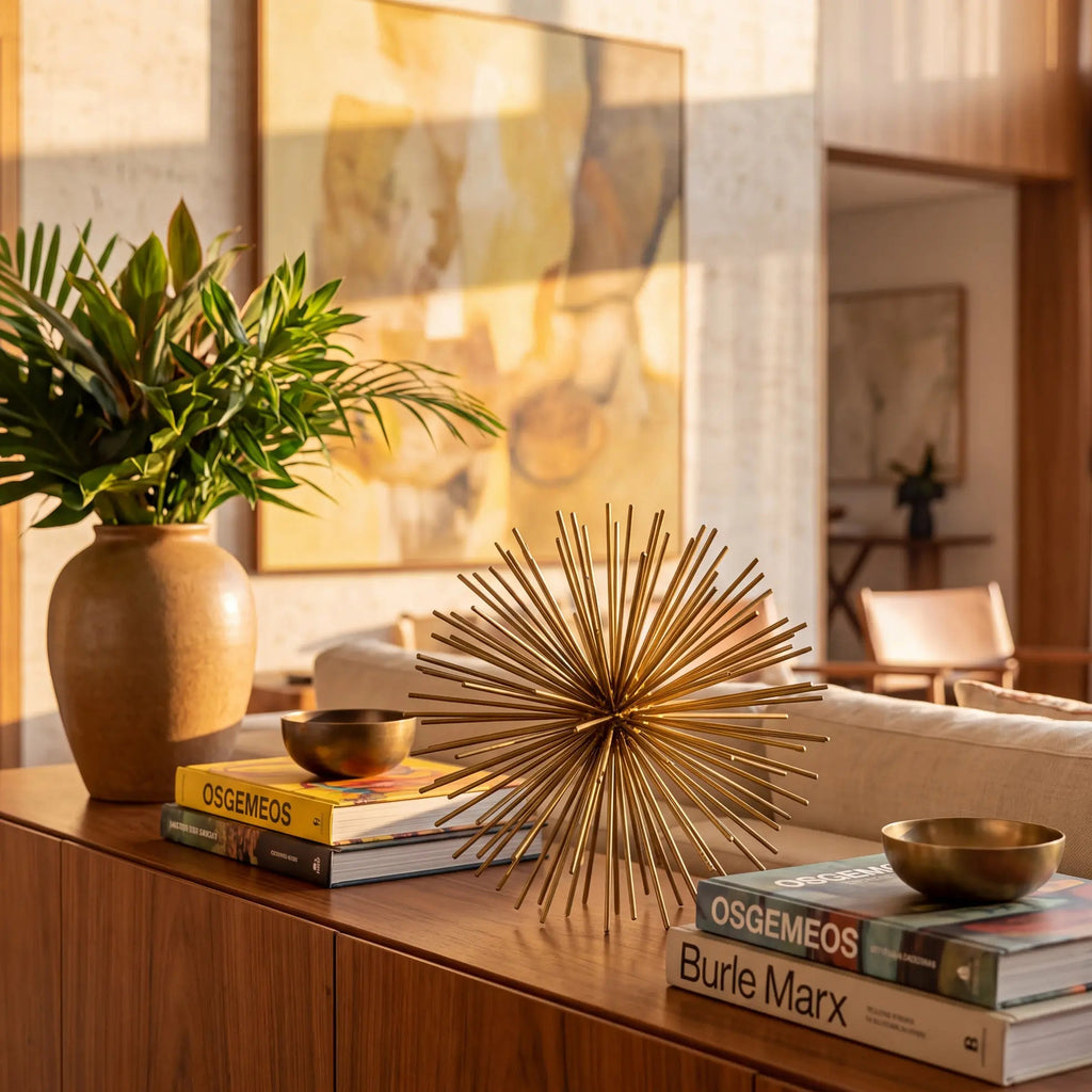 Escultura ouriço dourado com livros de arte na decoração