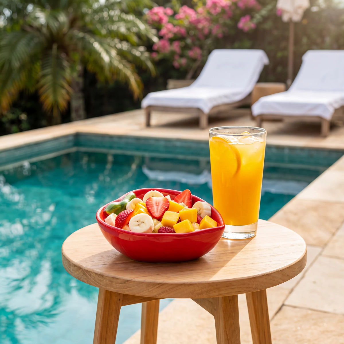 Bowl Tropicália Morango em cerâmica com salada de frutas ao lado de suco de laranja na borda da piscina