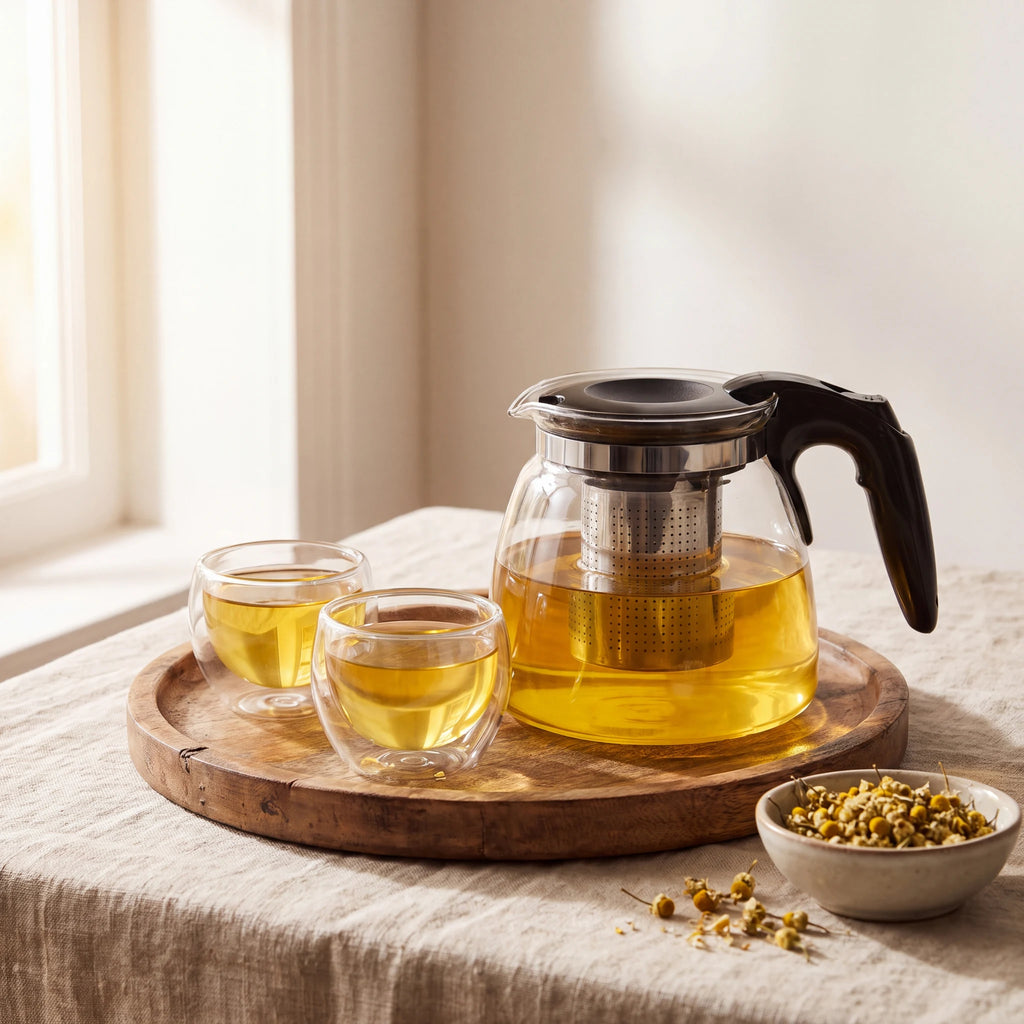 Bule de vidro Infusão Clarity com infusor inox sobre bandeja de madeira com copinhos de camomila