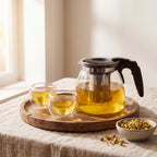 Bule de vidro Infusão Clarity com infusor inox sobre bandeja de madeira com copinhos de camomila