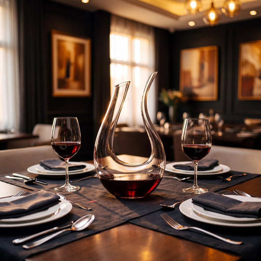 Decanter Sinuoso aerador em cristal como centro de mesa em jantar elegante com taças de vinho tinto