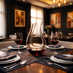 Decanter Sinuoso aerador em cristal como centro de mesa em jantar elegante com taças de vinho tinto