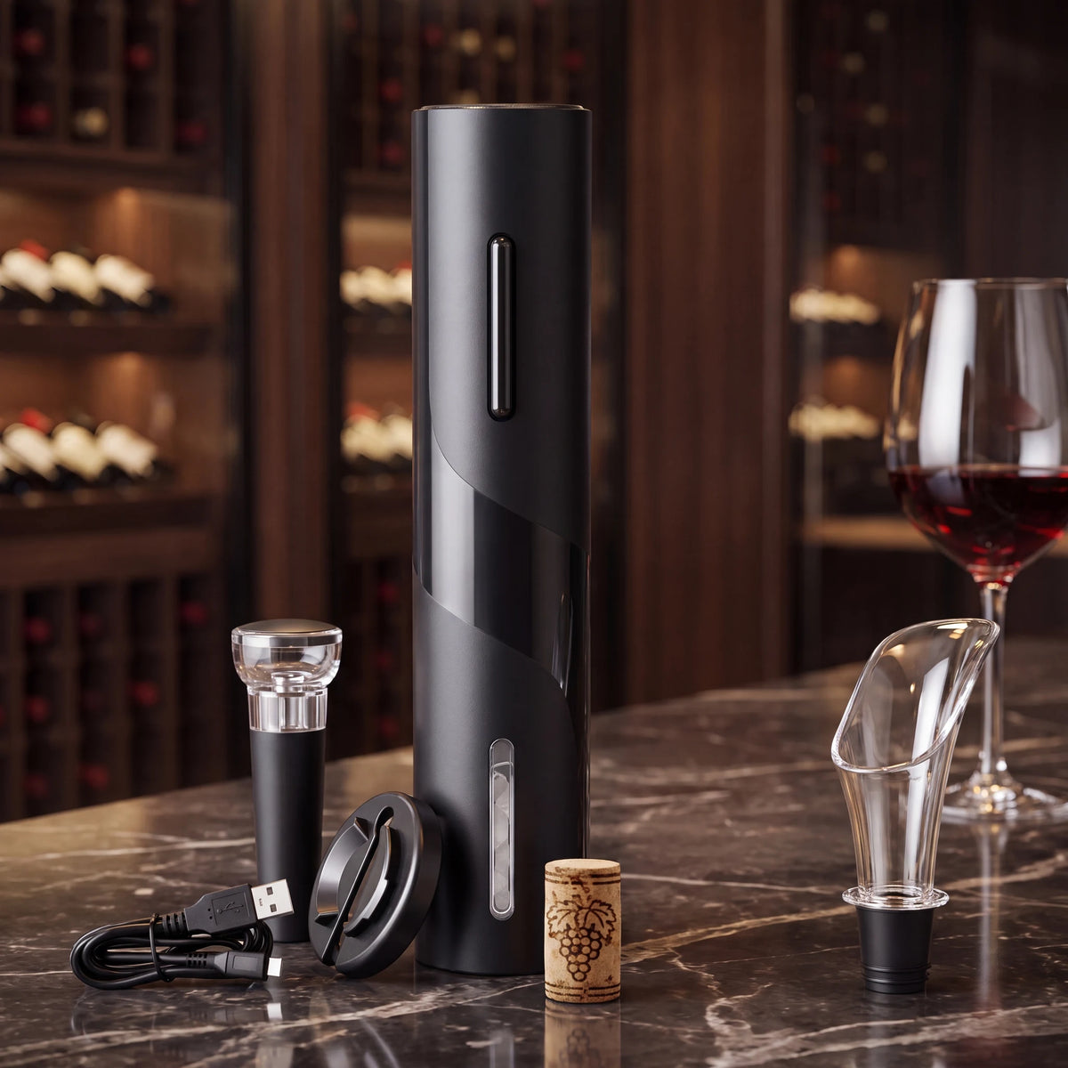 Kit abridor de vinho elétrico completo em mármore preto com aerador, rolha a vácuo e cabo USB