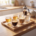 Kit Copos Duo parede dupla com café, chá e água em cozinha clara