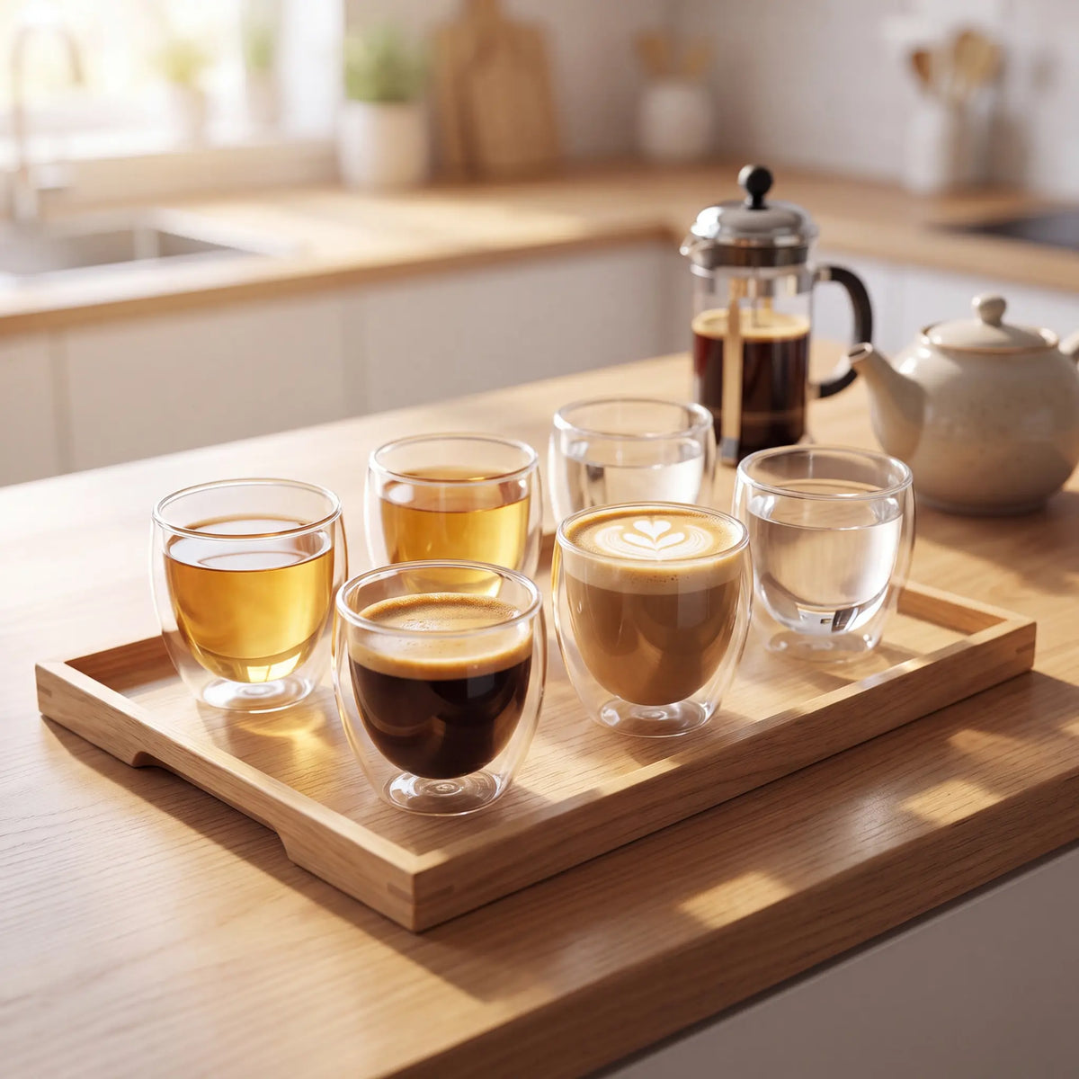 Kit Copos Duo parede dupla com café, chá e água em cozinha clara
