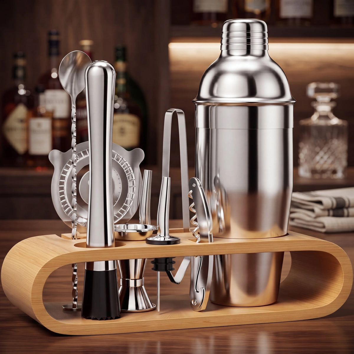Kit coqueteleira Boston em aço inox com 10 peças organizadas no suporte de bambu