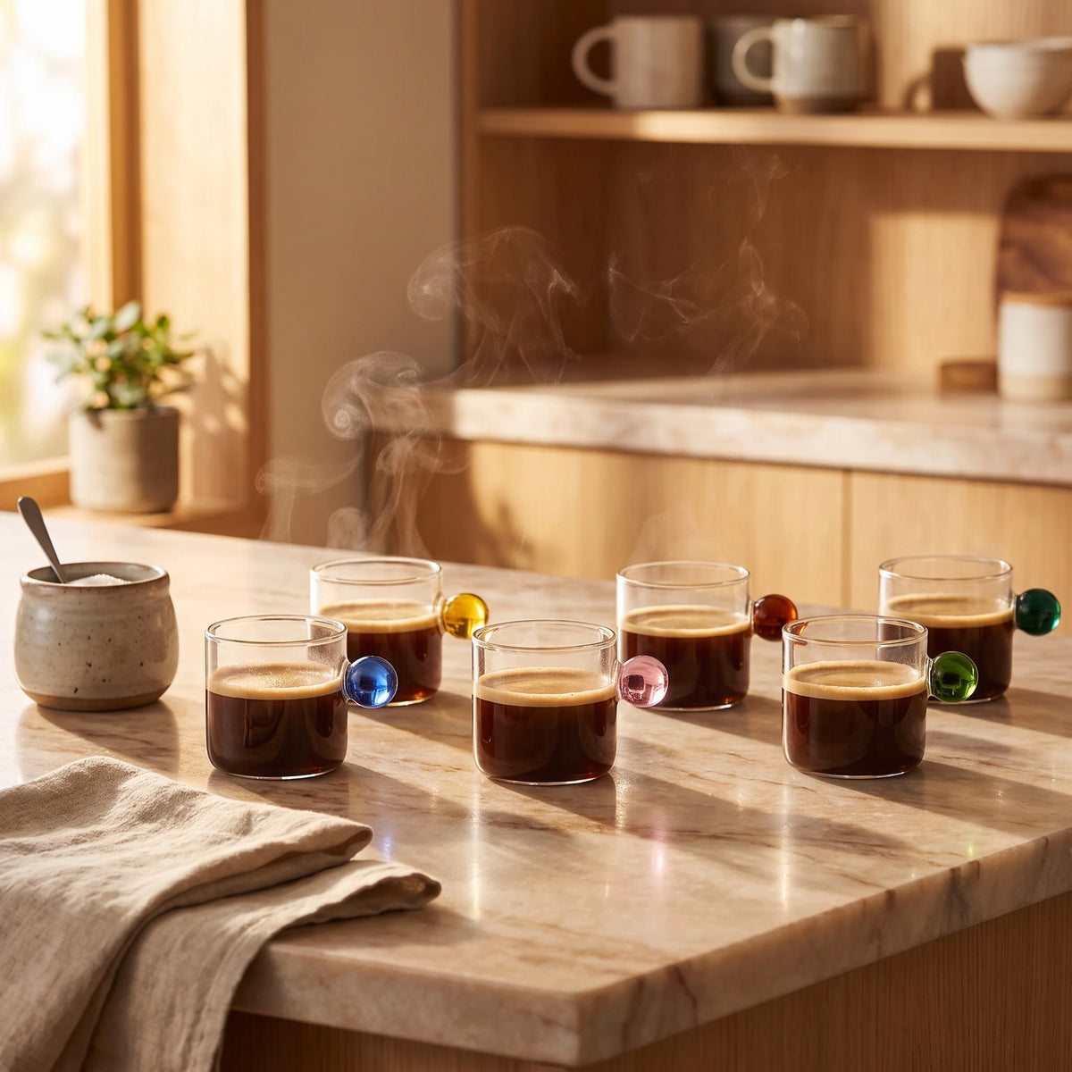 Kit xícaras borossilicato alça bola colorida com café expresso em bancada de mármore