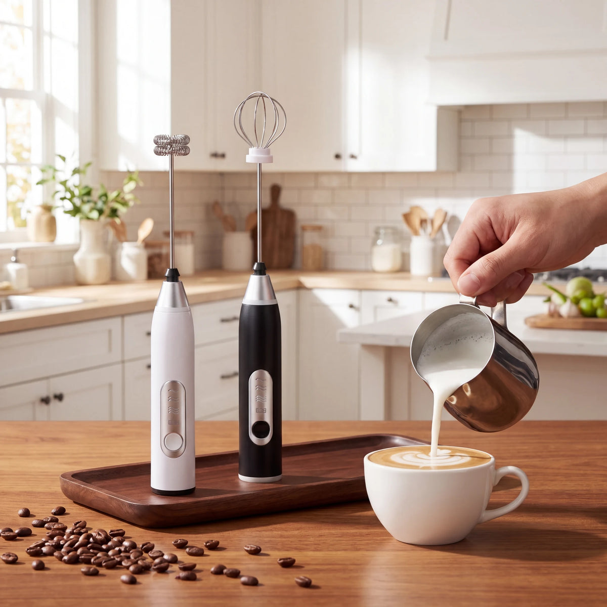 Mixer elétrico portátil 2 em 1 usado para preparar cappuccino cremoso em cozinha clara