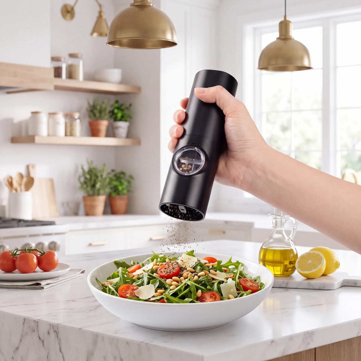Moedor elétrico Pulso temperando salada na bancada de mármore em cozinha clara