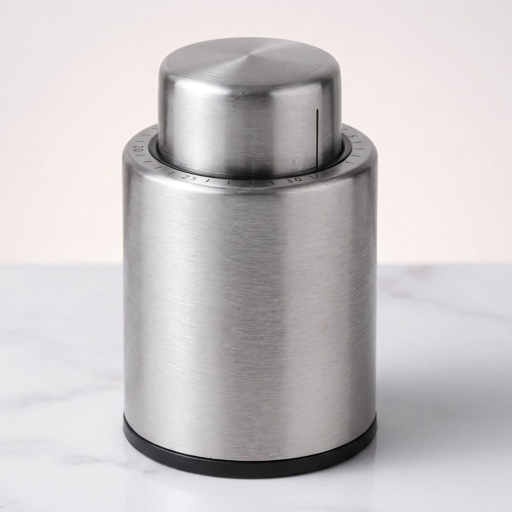 Rolha a vácuo para vinho em aço inox escovado com disco marcador de datas