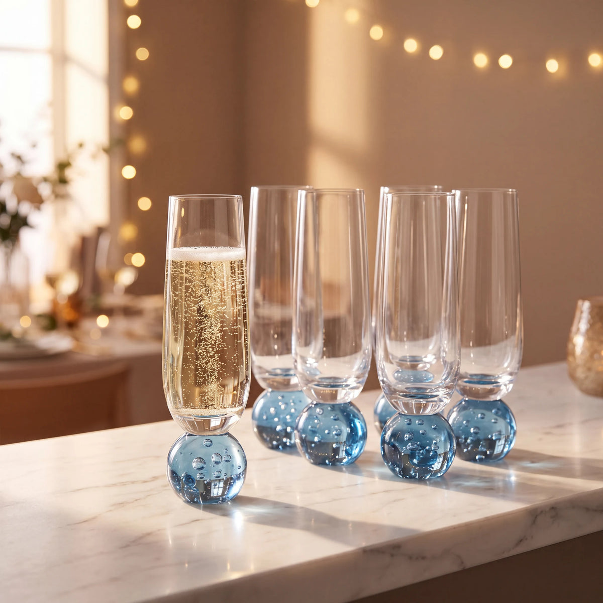 Kit 6 taças champagne vidro bubble azul com base esférica em balcão de mármore com luz dourada e luzinhas ao fundo