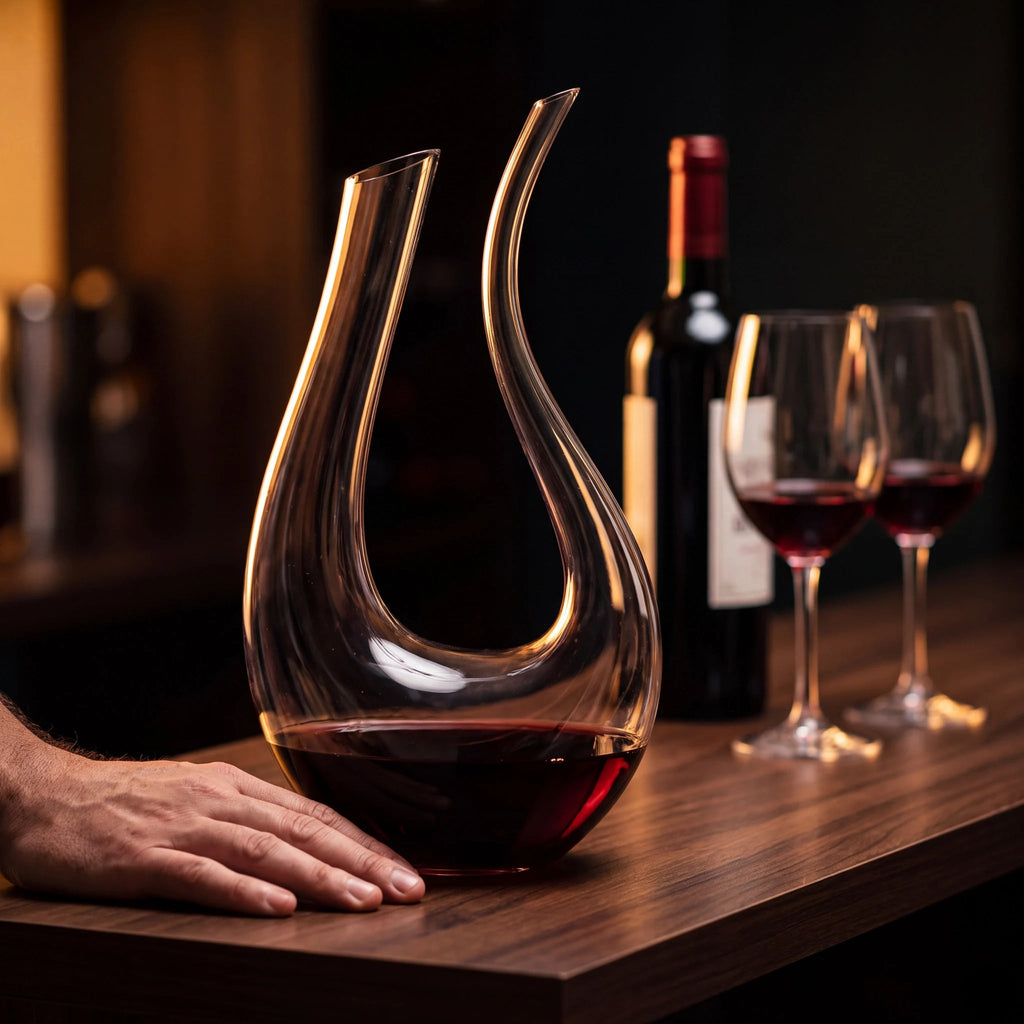 Decanter Sinuoso em cristal com vinho tinto sobre balcão de madeira escura com garrafa e taças ao fundo