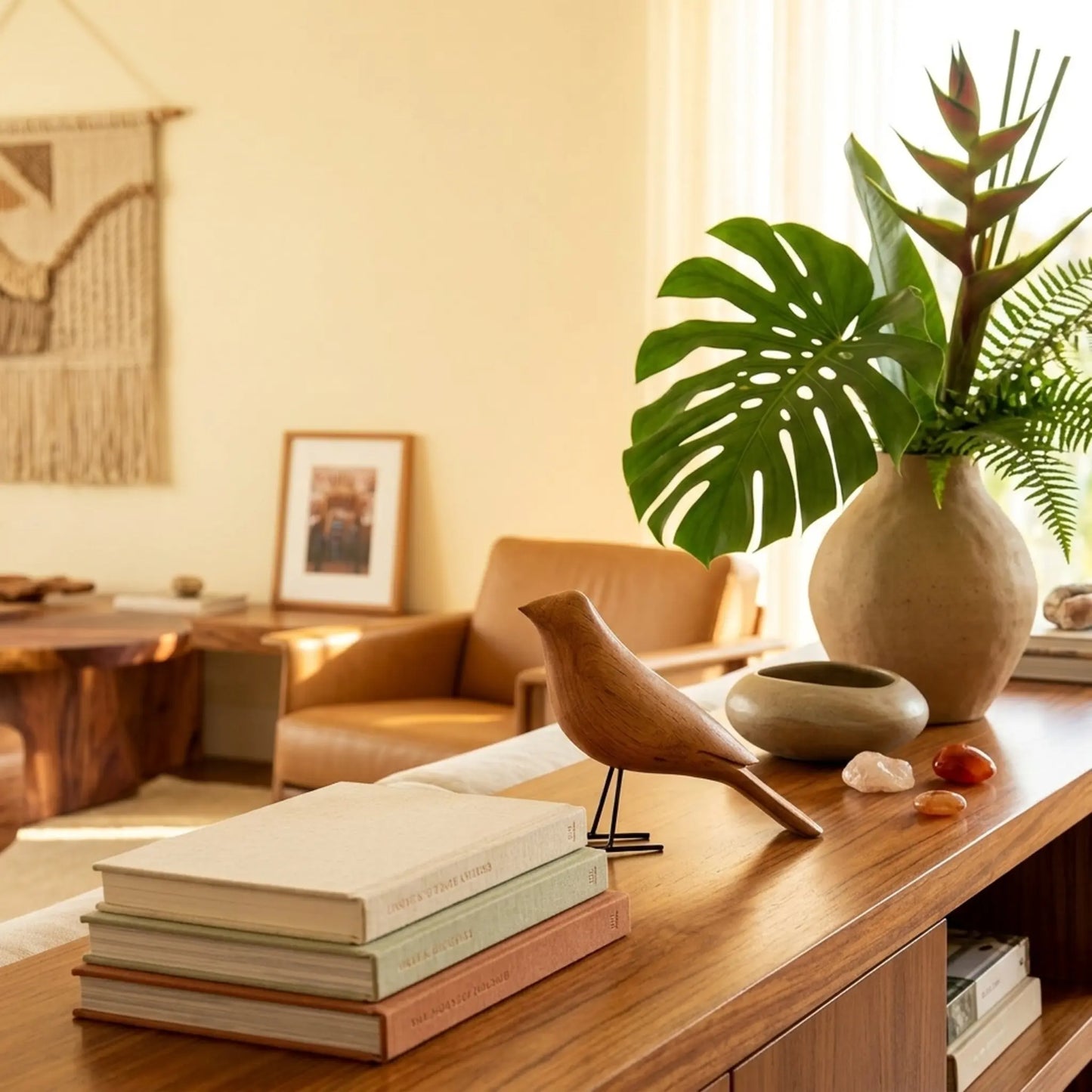 Escultura pássaro de madeira em console com livros e pedras decorativas