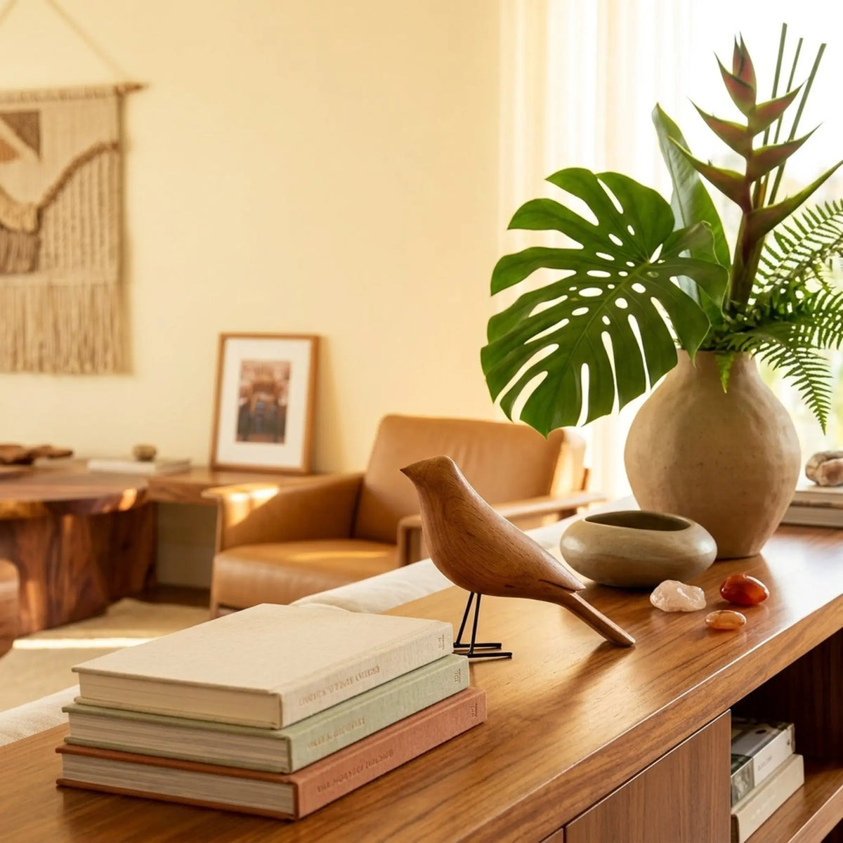 Escultura pássaro de madeira em console com livros e pedras decorativas