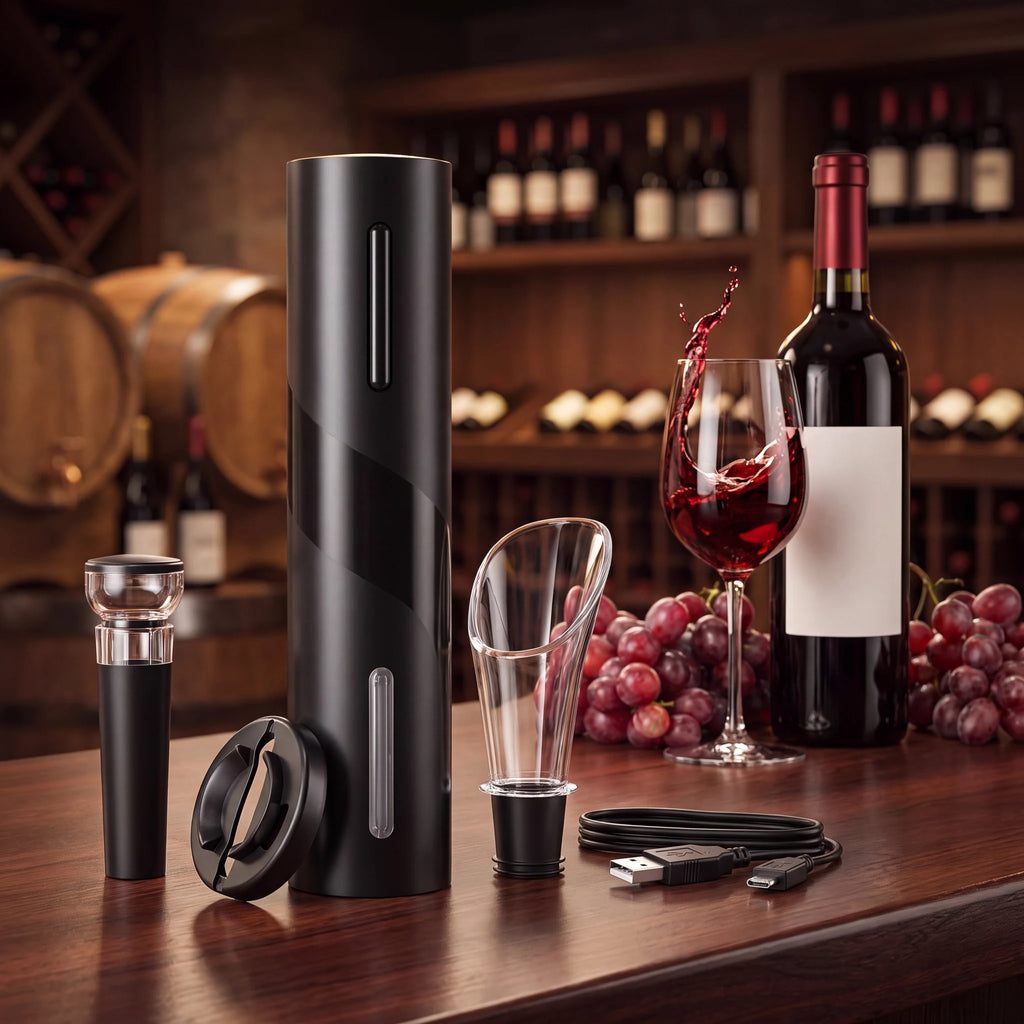 Kit abridor de vinho elétrico sobre bar de madeira com garrafa, taça e adega ao fundo