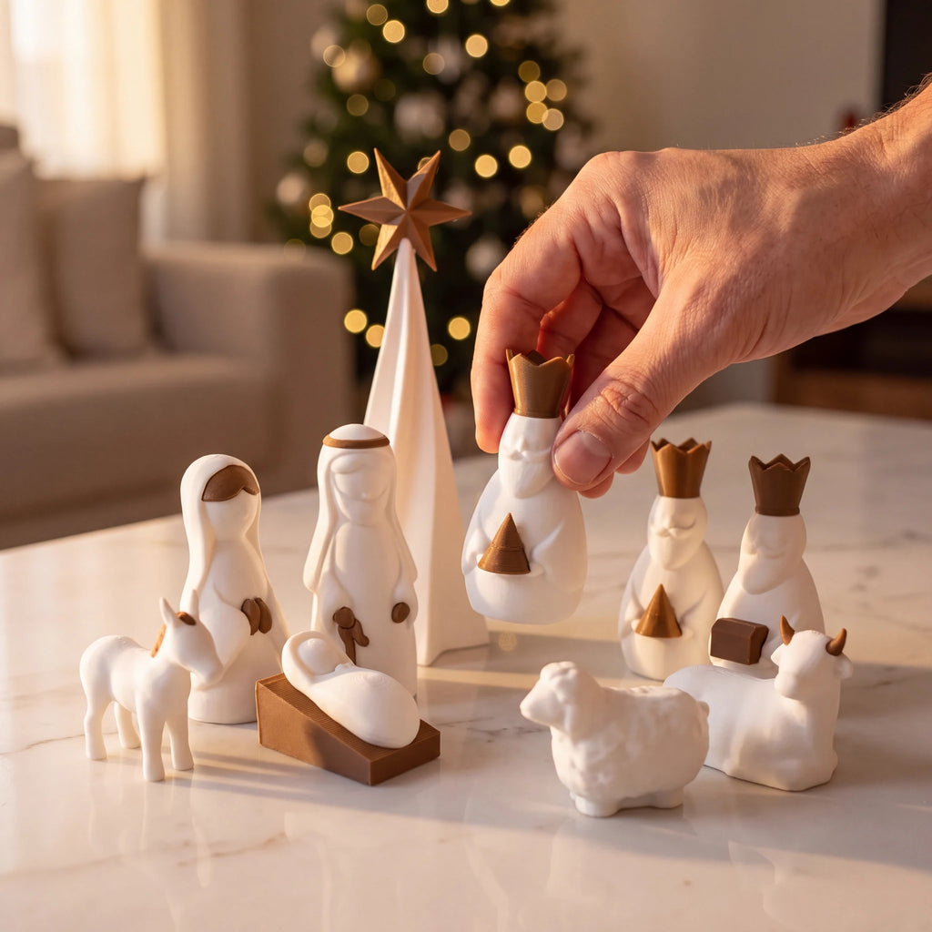 Mão posicionando Rei Mago no presépio Sagrada Família 3D completo sobre mármore branco com luzes de Natal