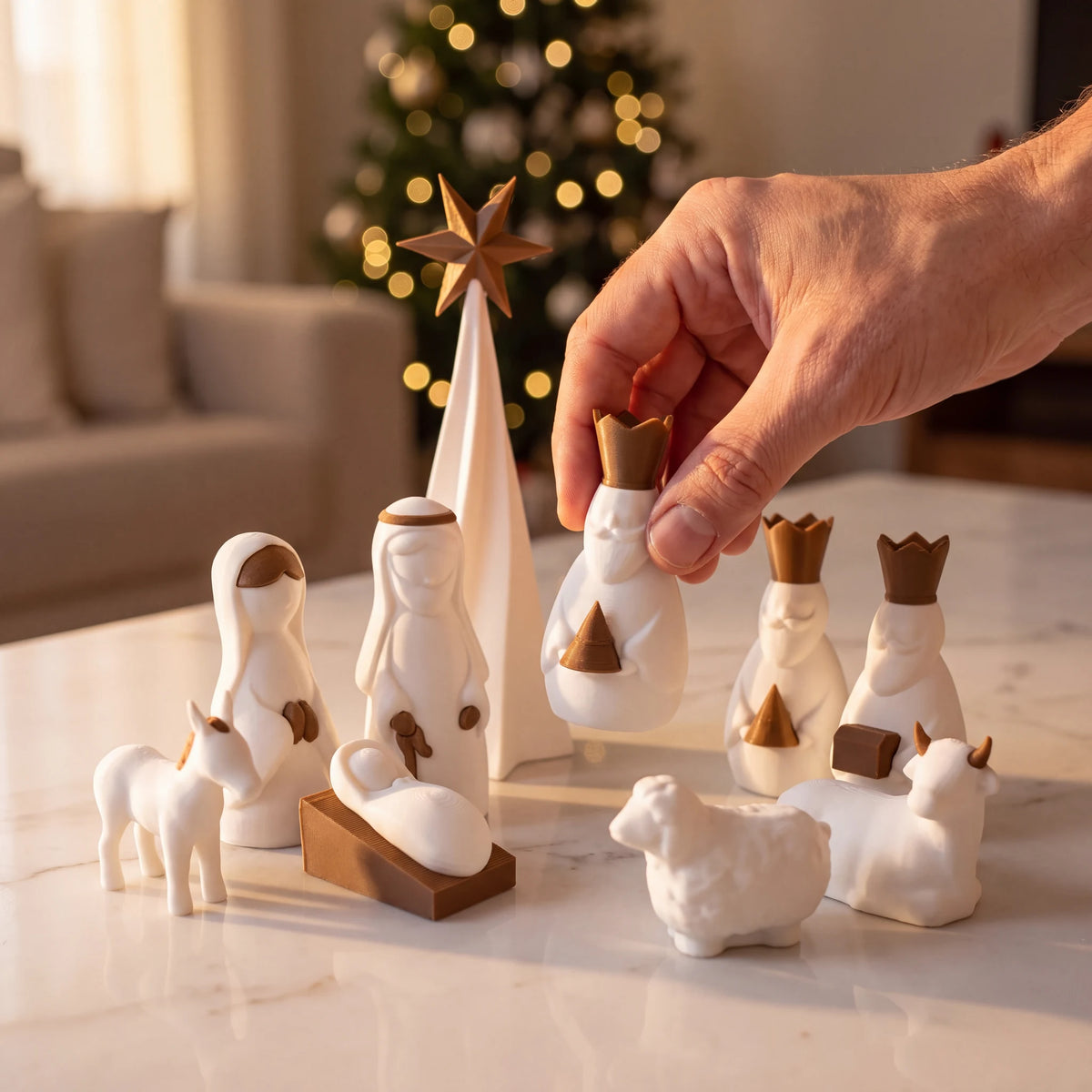 Mão posicionando Rei Mago no presépio Sagrada Família 3D completo sobre mármore branco com luzes de Natal