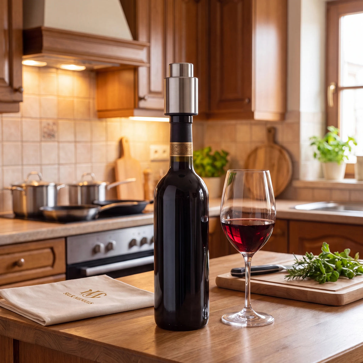 Rolha a vácuo para vinho em aço inox vedando garrafa de tinto na cozinha, ao lado de taça servida