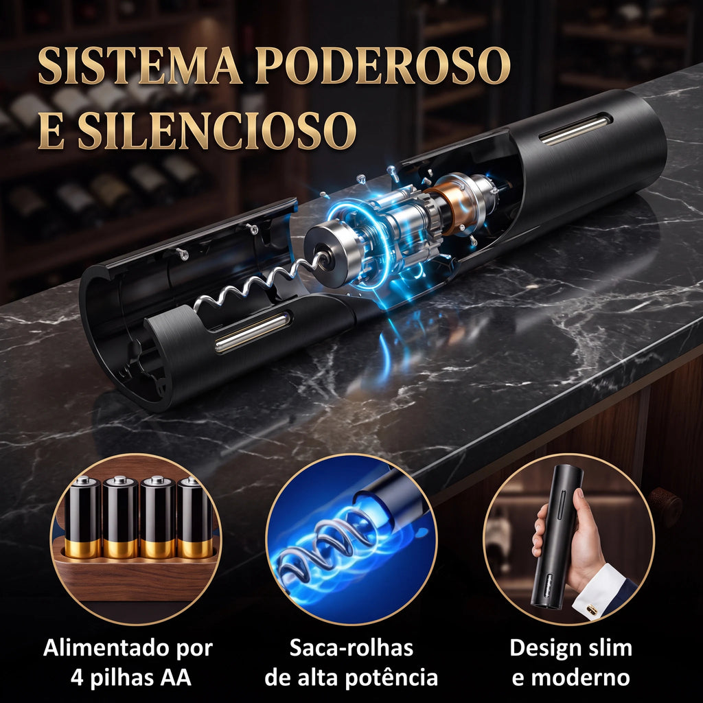 Abridor de vinho elétrico em corte mostrando motor interno e saca-rolhas espiral